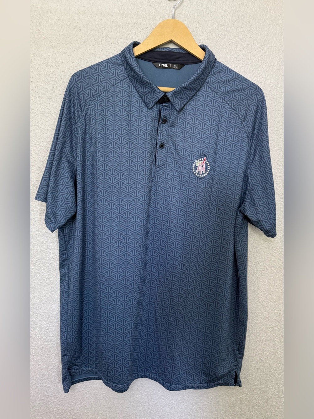 UNRL x Barstool | Performance Golf Polo | Blue Geometric Pattern | Size XL